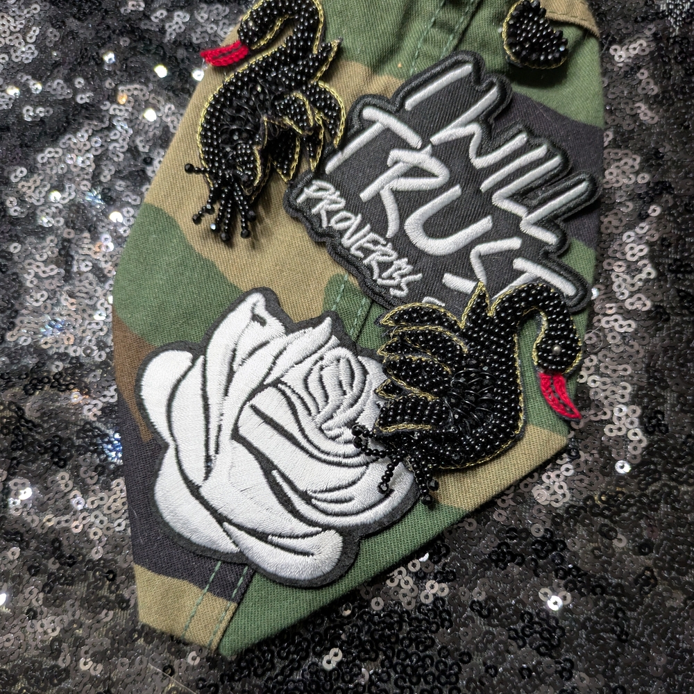 Camo Embroidered Tie with Rose & Cross Appliqués - Picture 2 of 2